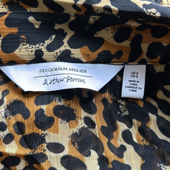 & OTHER STORIES Smocked Button Up Midi Dress Leopard Print Lined Sz 8 - Picture 13 of 14